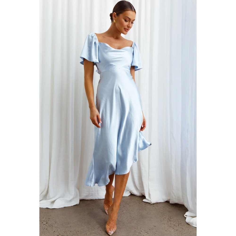 Selfie Leslie Grayson Steel Blue Asymmetrical Midi Dress Tie Back Sz 12 NWT
